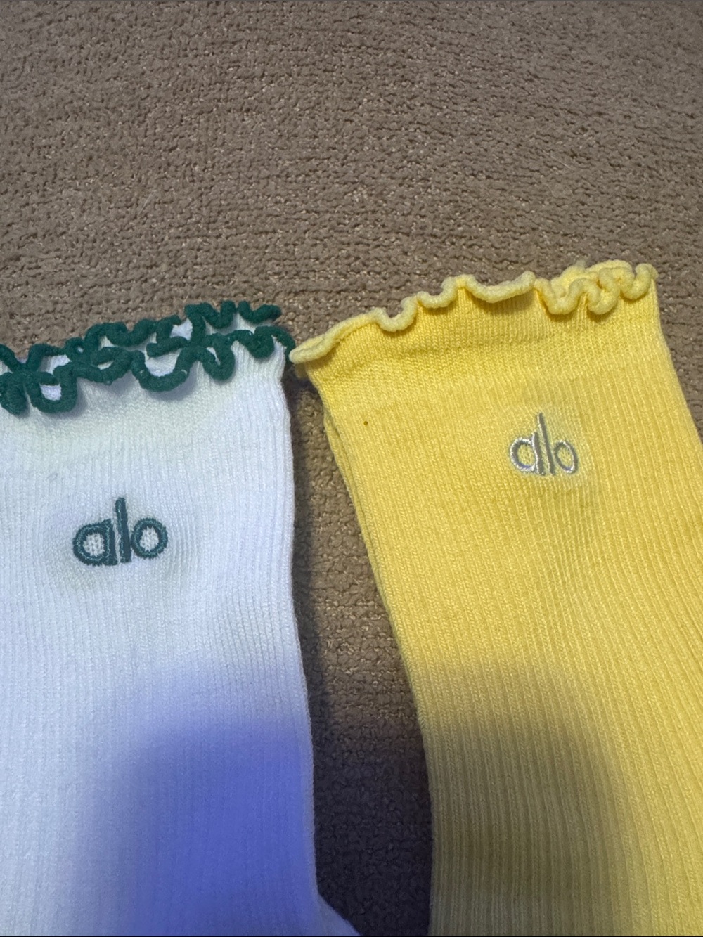 ALO Yoga Women’s Ruffle Trim Socks in Yellow and White with Green Accent